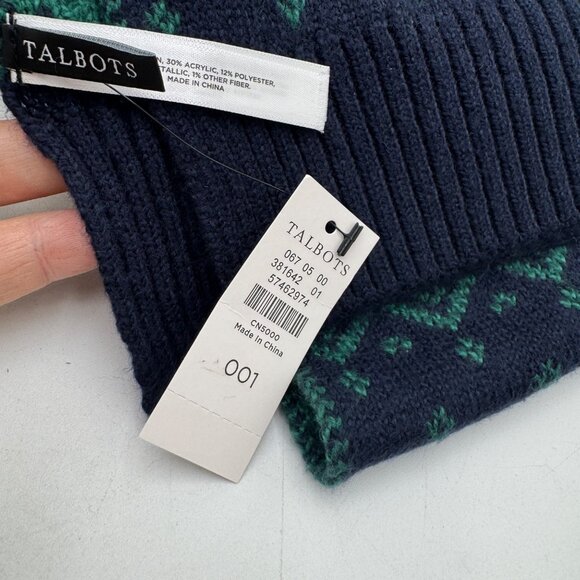 Talbots Whimsy Fair Isle Scarf blue green Trees Holiday Festive Navy Green Gold - Picture 7 of 10